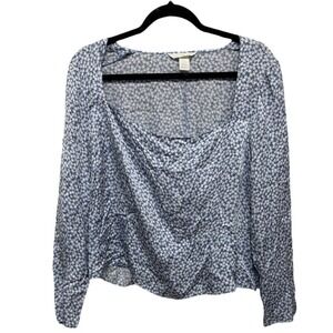H&M Daisy Blue Square Neck Silk Long Sleeve Blouse Size XL Preppy Girly Flower